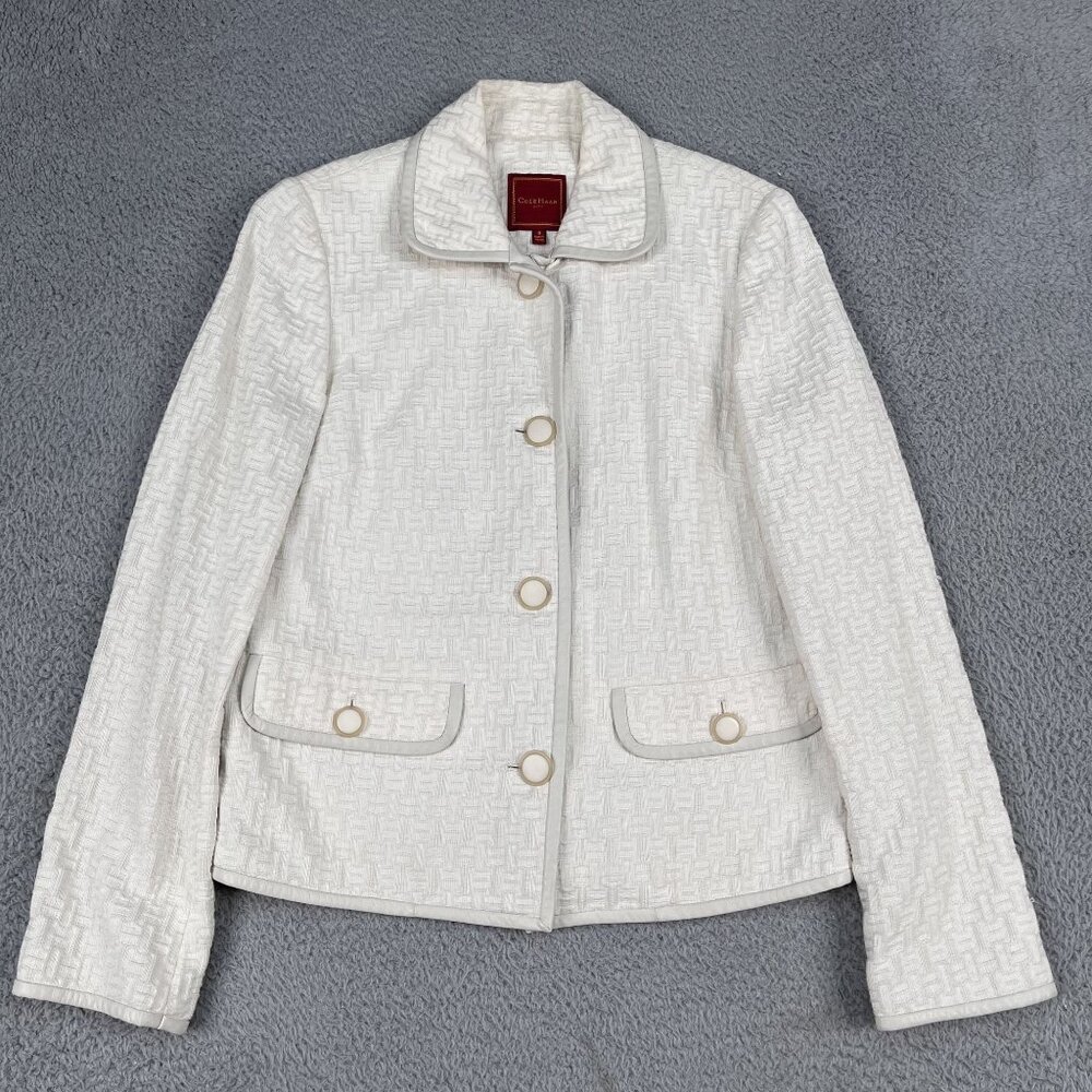 Cole Haan City Womens Ivory Lambskin Trim 3 Button Career Blazer Sz 8
